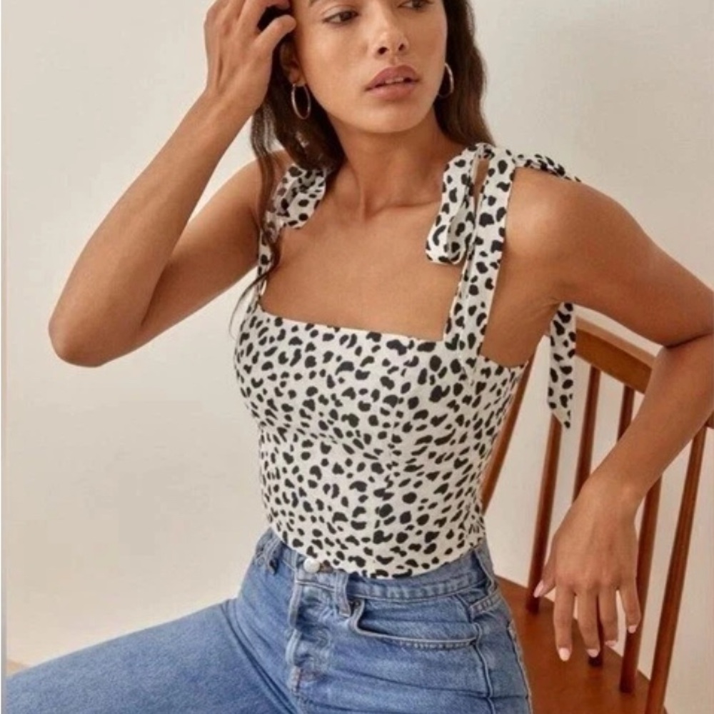 Reformation White and Black Spotted Tie-Strap Tank Top